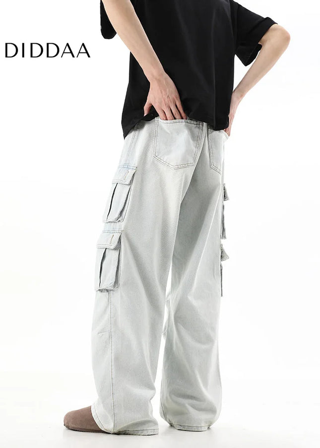 Blue Retro Distressed Multi-Pocket Cargo Jeans - Men’s Jeans