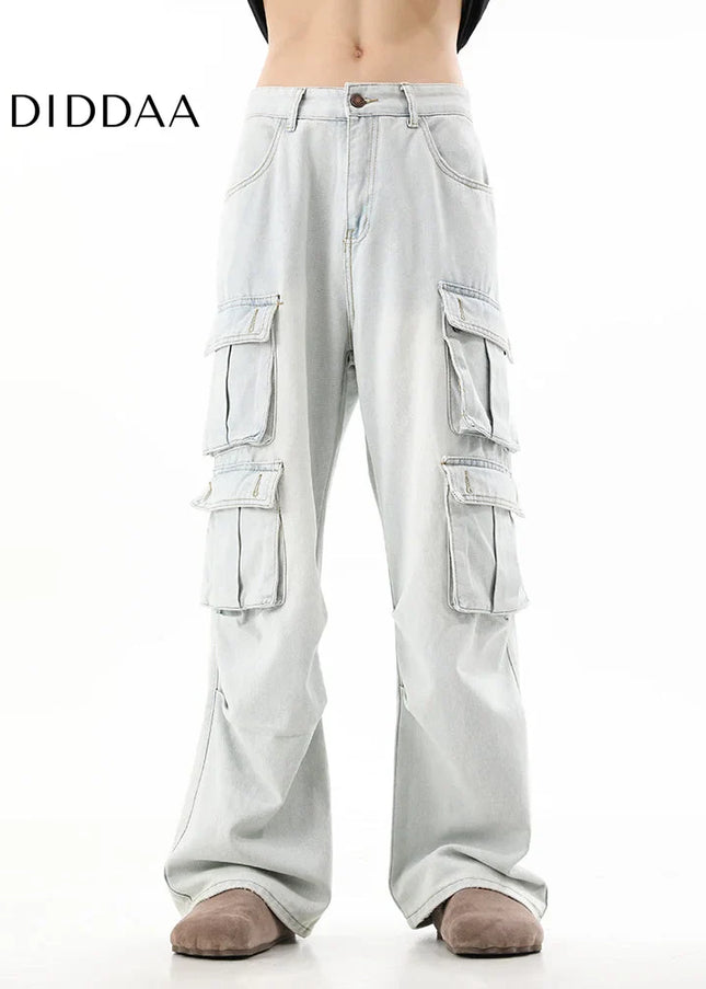 Blue Retro Distressed Multi-Pocket Cargo Jeans - Men’s Jeans