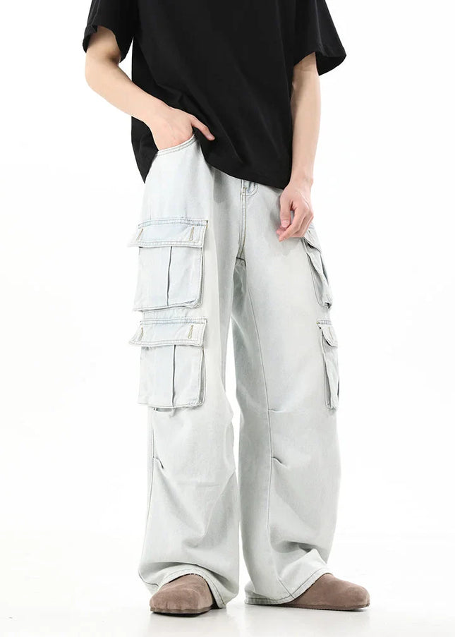 Blue Retro Distressed Multi-Pocket Cargo Jeans - Men’s Jeans