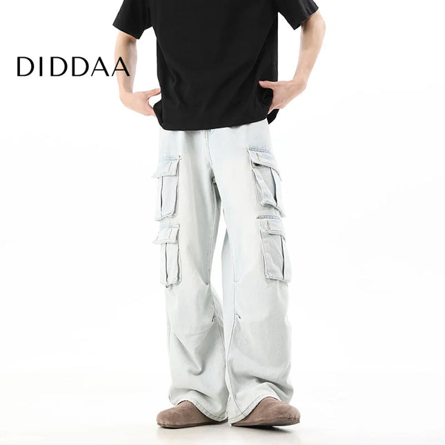 Blue Retro Distressed Multi-Pocket Cargo Jeans - S / Light Blue - Men’s Jeans