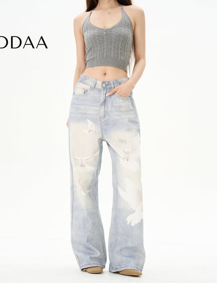 Blue Retro Dove Print Jeans for Couples by Tail Lang’s Shop - S / Light Blue - Women’s Jeans