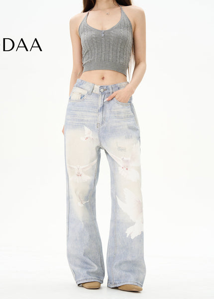 Blue Retro Dove Print Jeans for Couples by Tail Lang’s Shop - S / Light Blue - Women’s Jeans