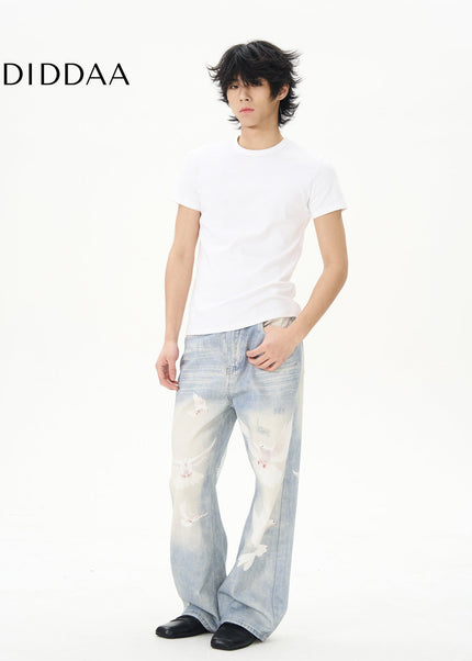 Blue Retro Dove Print Jeans for Couples by Tail Lang’s Shop - Women’s Jeans