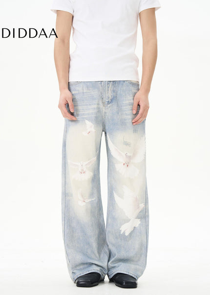 Blue Retro Dove Print Jeans for Couples by Tail Lang’s Shop - Women’s Jeans