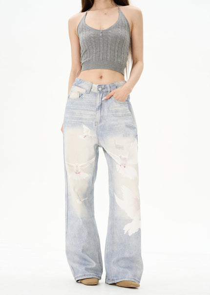 Blue Retro Dove Print Jeans for Couples by Tail Lang’s Shop - Women’s Jeans