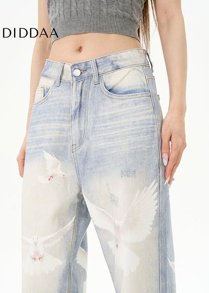 Blue Retro Dove Print Jeans for Couples by Tail Lang’s Shop - Women’s Jeans