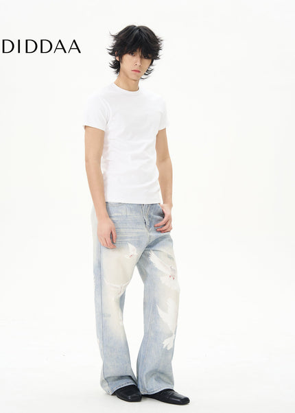 Blue Retro Dove Print Jeans for Couples by Tail Lang’s Shop - Women’s Jeans