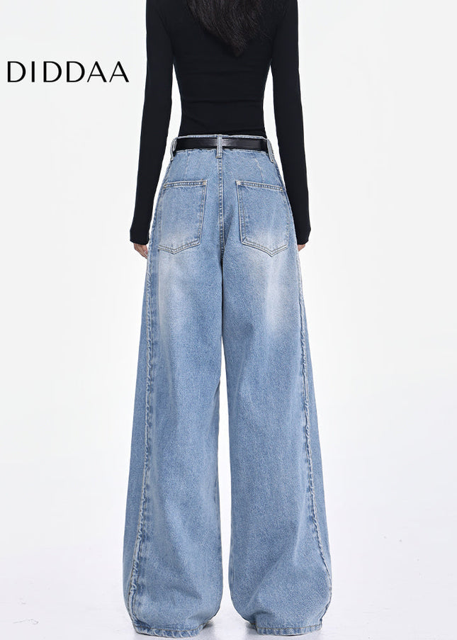 Blue Retro Drape Wide-Leg Jeans Women’s High Waist Pants - Women’s Jeans