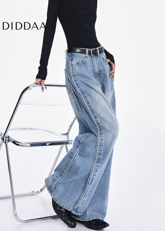 Blue Retro Drape Wide-Leg Jeans Women’s High Waist Pants - Women’s Jeans