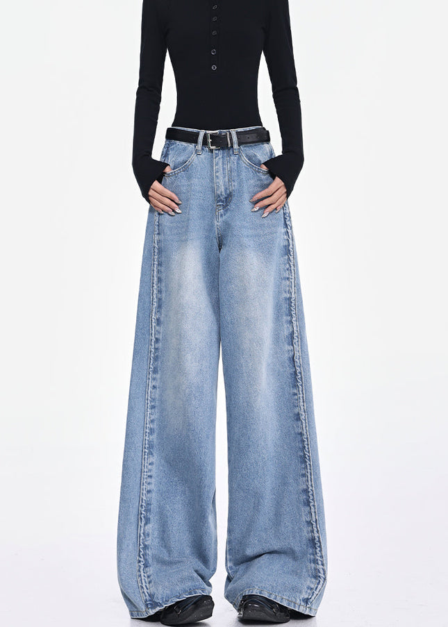 Blue Retro Drape Wide-Leg Jeans Women’s High Waist Pants - Women’s Jeans