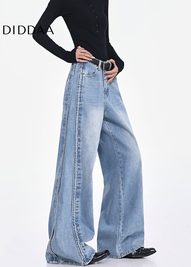 Blue Retro Drape Wide-Leg Jeans Women’s High Waist Pants - Women’s Jeans