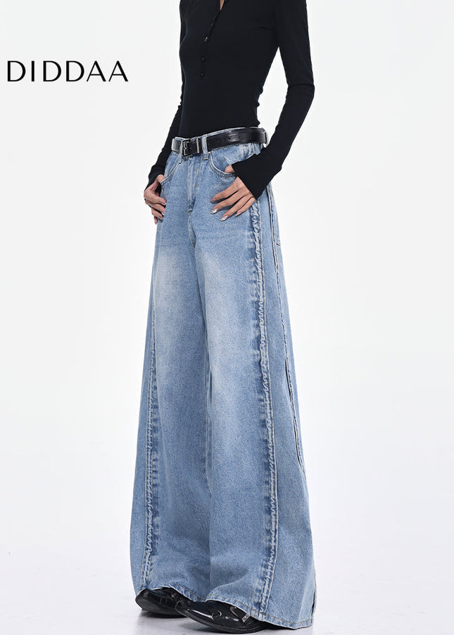Blue Retro Drape Wide-Leg Jeans Women’s High Waist Pants - Women’s Jeans