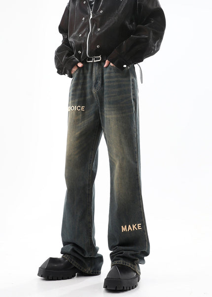Blue Retro Embroidered Wide-Leg Jeans for Men - Men’s Jeans