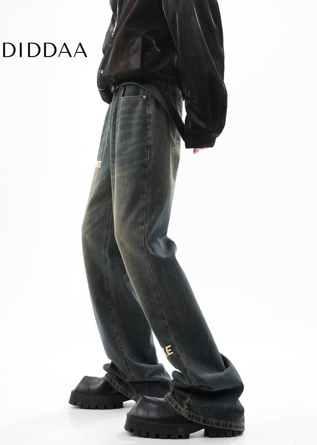 Blue Retro Embroidered Wide-Leg Jeans for Men - Men’s Jeans