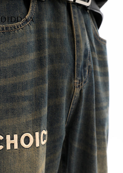 Blue Retro Embroidered Wide-Leg Jeans for Men - Men’s Jeans