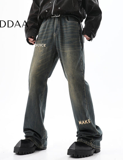 Blue Retro Embroidered Wide-Leg Jeans for Men - S / Blue - Men’s Jeans