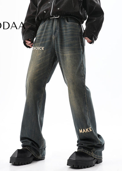 Blue Retro Embroidered Wide-Leg Jeans for Men - S / Blue - Men’s Jeans