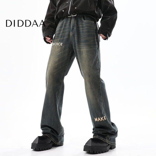 Blue Retro Embroidered Wide-Leg Jeans for Men - S / Blue - Men’s Jeans