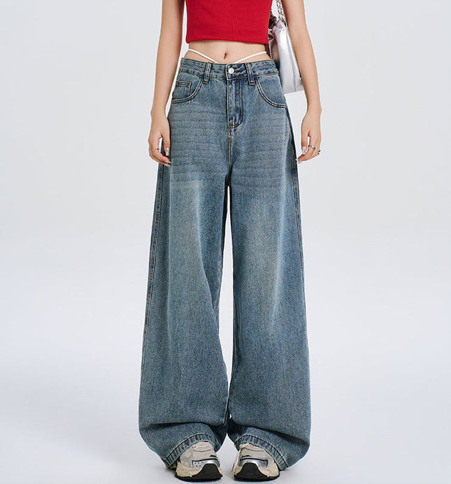 Blue Retro Embroidery Wide-Leg Pants Women’s Slim Jeans - Women’s Jeans