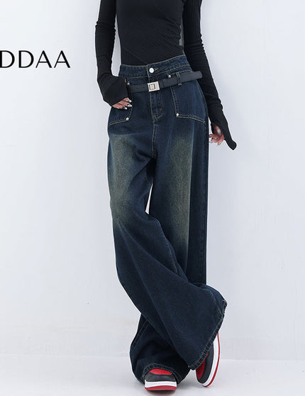 Blue Retro Gradient Loose Wide-Leg Jeans with Pockets - S / Dark Blue - Women’s Jeans