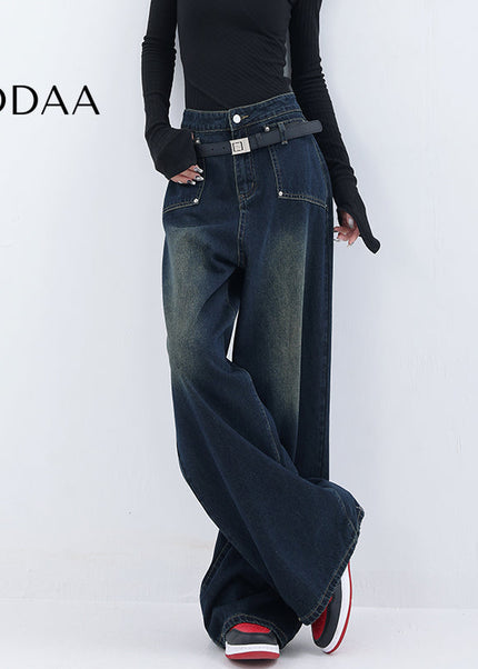 Blue Retro Gradient Loose Wide-Leg Jeans with Pockets - S / Dark Blue - Women’s Jeans