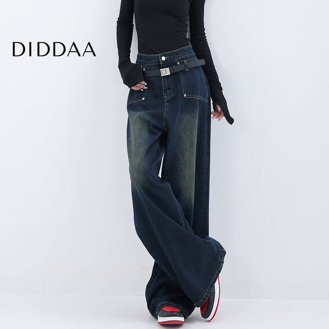 Blue Retro Gradient Loose Wide-Leg Jeans with Pockets - S / Dark Blue - Women’s Jeans