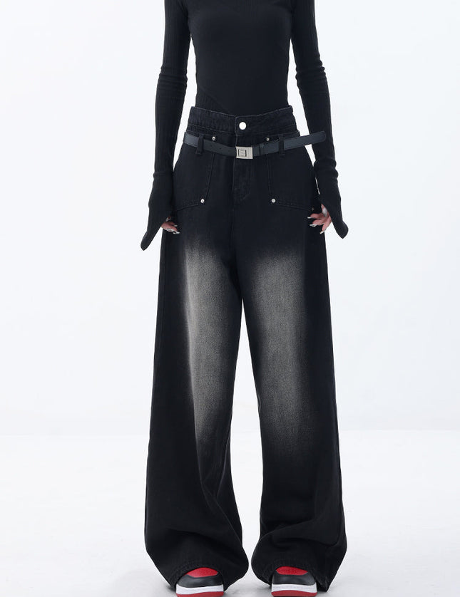 Blue Retro Gradient Loose Wide-Leg Jeans with Pockets - Women’s Jeans