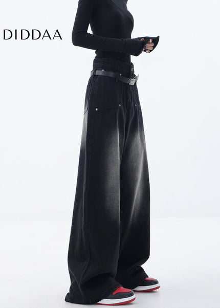 Blue Retro Gradient Loose Wide-Leg Jeans with Pockets - Women’s Jeans