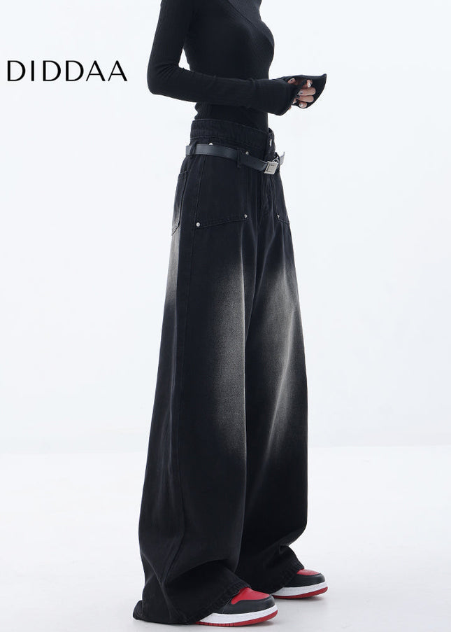 Blue Retro Gradient Loose Wide-Leg Jeans with Pockets - Women’s Jeans