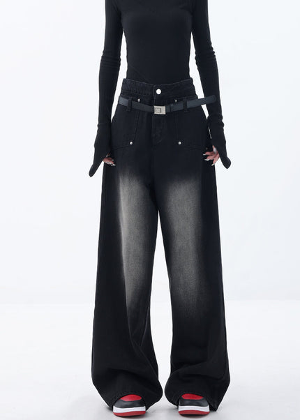 Blue Retro Gradient Loose Wide-Leg Jeans with Pockets - Women’s Jeans