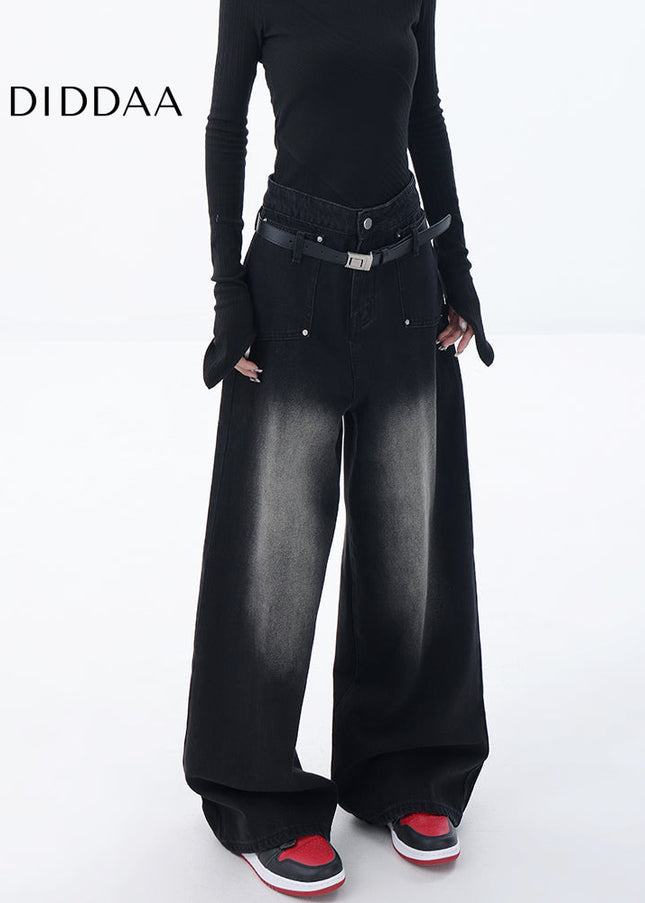 Blue Retro Gradient Loose Wide-Leg Jeans with Pockets - Women’s Jeans