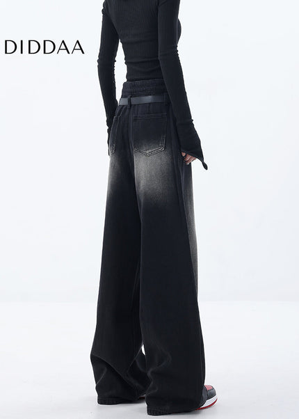 Blue Retro Gradient Loose Wide-Leg Jeans with Pockets - Women’s Jeans