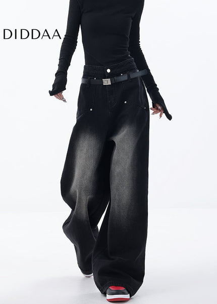 Blue Retro Gradient Loose Wide-Leg Jeans with Pockets - Women’s Jeans