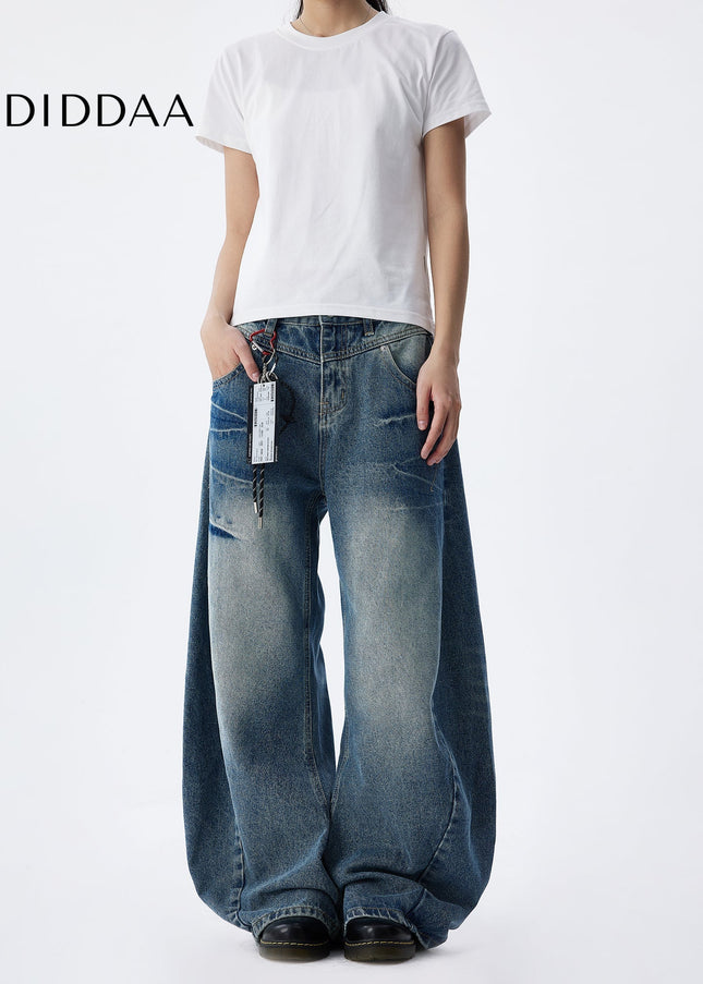 Blue Retro Lightning Pattern Loose Jeans for Couples - Men’s Jeans