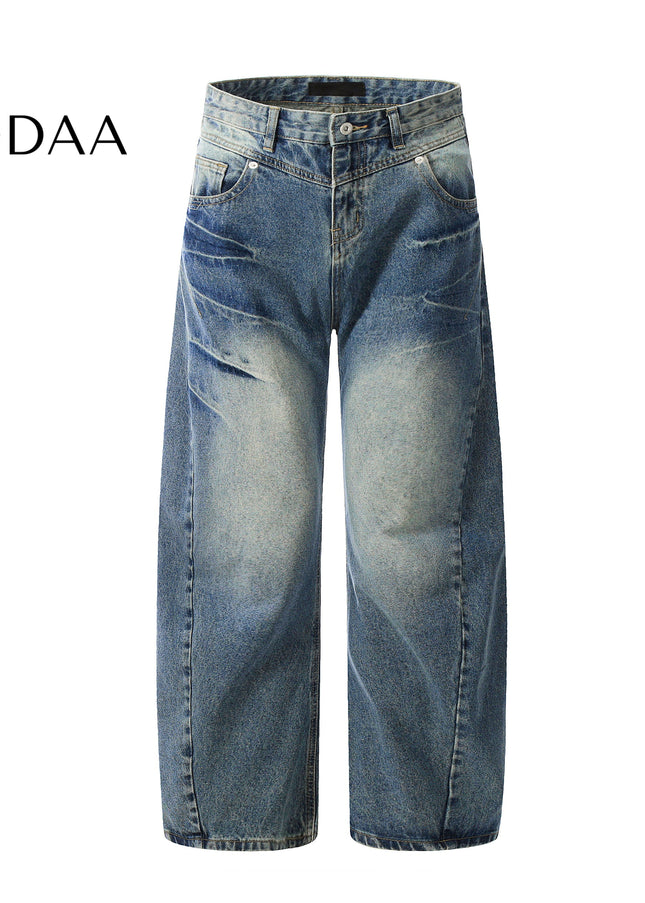 Blue Retro Lightning Pattern Loose Jeans for Couples - Mid Blue / S - Men’s Jeans