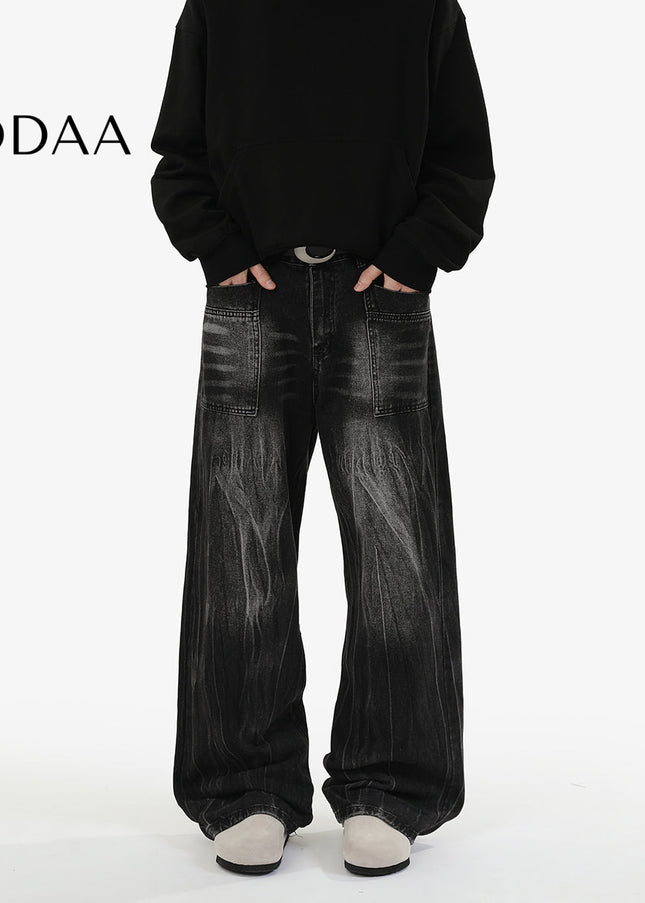 Blue Retro Loose Fit Wide-Leg Jeans for Men and Women - M / Black - Men’s Jeans