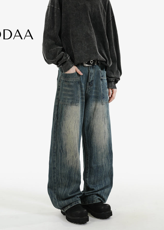Blue Retro Loose Fit Wide-Leg Jeans for Men and Women - M / Dark Blue - Men’s Jeans