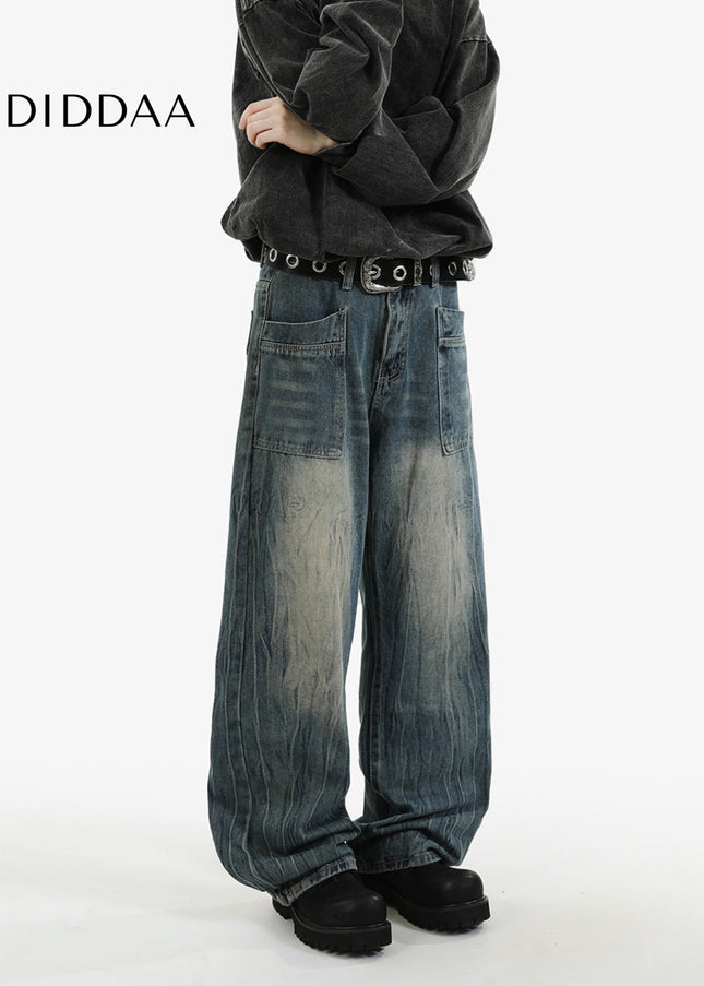 Blue Retro Loose Fit Wide-Leg Jeans for Men and Women - Men’s Jeans