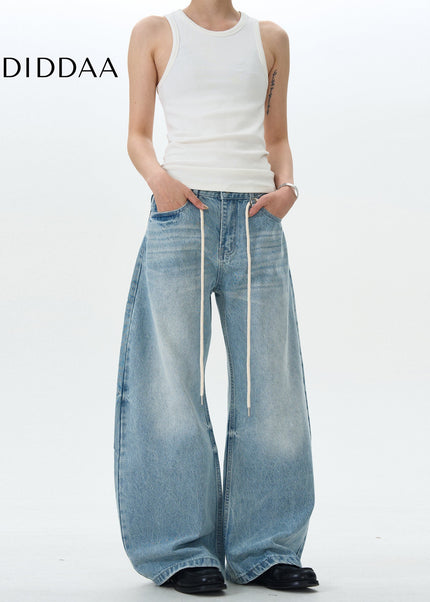 Blue Retro Loose Scimitar Jeans with Drawstring - Men’s Jeans
