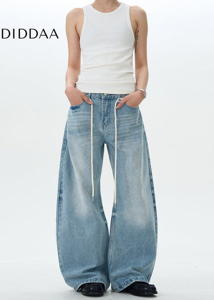 Blue Retro Loose Scimitar Jeans with Drawstring - Men’s Jeans