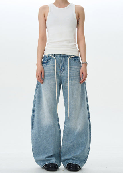 Blue Retro Loose Scimitar Jeans with Drawstring - Men’s Jeans