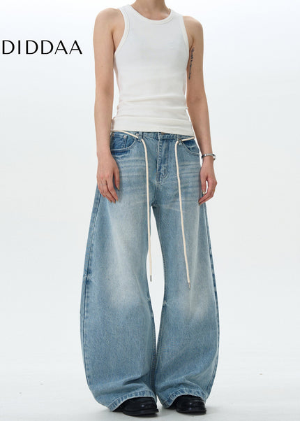 Blue Retro Loose Scimitar Jeans with Drawstring - Men’s Jeans