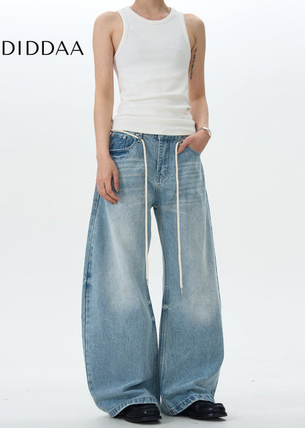 Blue Retro Loose Scimitar Jeans with Drawstring - Men’s Jeans