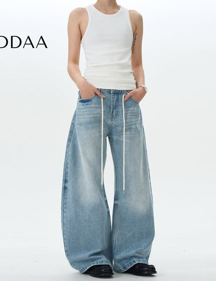 Blue Retro Loose Scimitar Jeans with Drawstring - S / Light Blue - Men’s Jeans