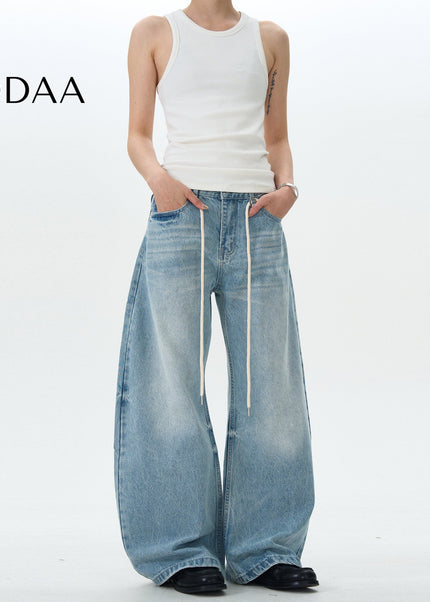 Blue Retro Loose Scimitar Jeans with Drawstring - S / Light Blue - Men’s Jeans