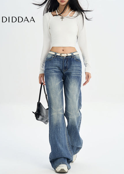 Blue Retro Low-Rise Flared Jeans for Women 2025 - Women’s Jeans