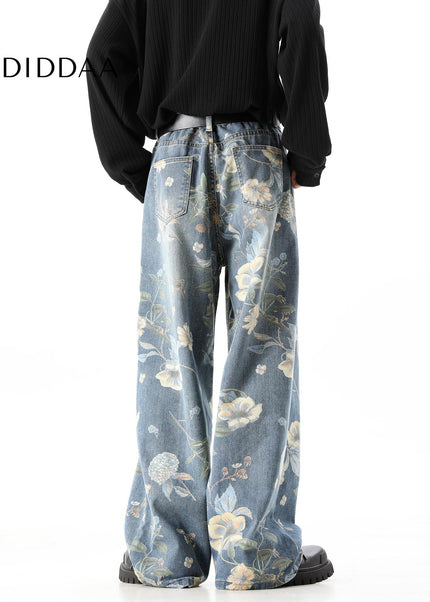 Blue Retro Print Wide-Leg Jeans for Men and Women - Men’s Jeans