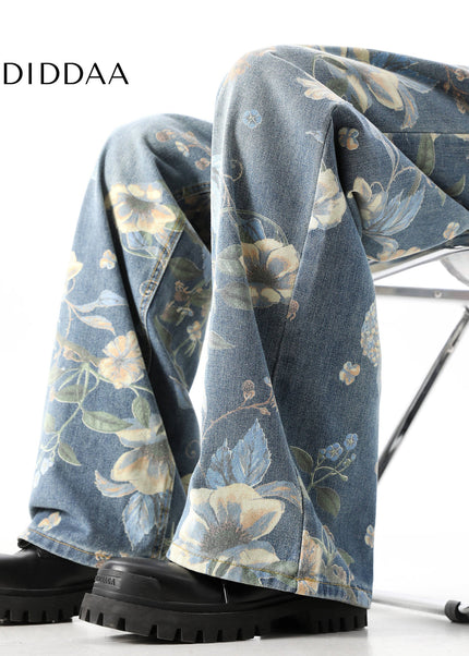 Blue Retro Print Wide-Leg Jeans for Men and Women - Men’s Jeans