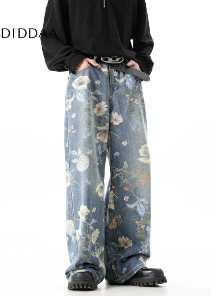 Blue Retro Print Wide-Leg Jeans for Men and Women - Men’s Jeans
