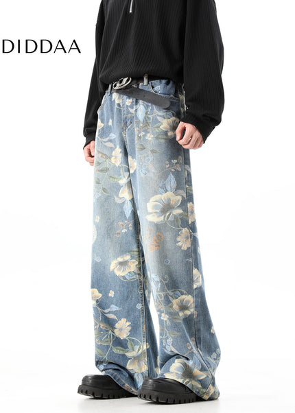 Blue Retro Print Wide-Leg Jeans for Men and Women - Men’s Jeans